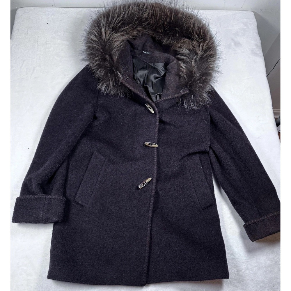 Piacenza Coat Womens 6 Brown Mohair Finn Raccoon Fur Hood Toggle Made Italy‎
